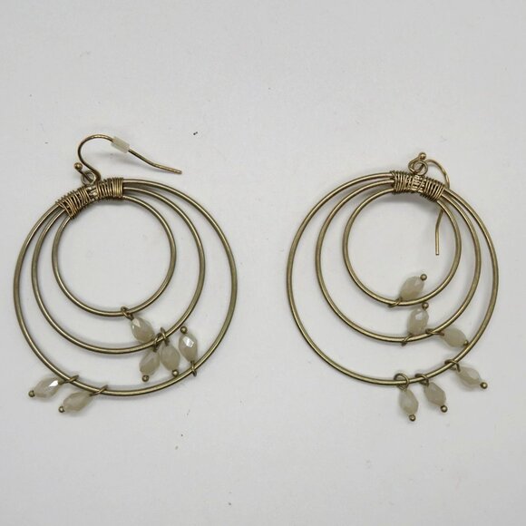 Hoop Earrings Gold Tone Triple Wire Dangle White Beads Accents - Picture 6 of 7